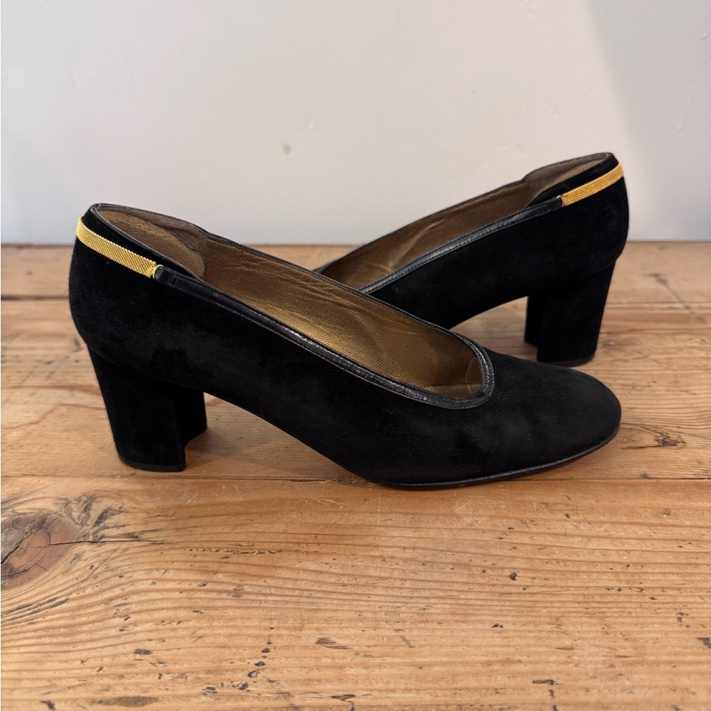 Vintage Stuart Weitzman 90s Black Suede Gold Mesh Women's Heels